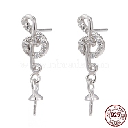 Rhodium Plated 925 Sterling Silver Micro Pave Cubic Zirconia Ear Stud Findings, Musical Note, Platinum, 19x5mm, Pin: 0.8mm(STER-P035-59P)
