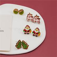 4 Pairs Santa Claus & Deer & Christmas Tree Printed Wood Stud Earrings, Flat Round Wood & Resin Earring, Mixed Color, 16~17x10~17mm(EJEW-OY001-05)