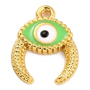 Golden Brass Enamel Pendants, Long-Lasting Plated, Evil Eye with Ox Horn, Green, 11.5x9x2mm, Hole: 1mm(KK-P197-11A-G)