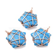 Synthetic Turquoise Pendants, with Rose Gold Tone Copper Wire Wrapped, Cadmium Free & Lead Free, Dyed, Star, 37~41x29~31x9~11mm, Hole: 4.5~6mm(G-D458-07RG-07-RS)