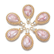 Porcelain Pendants, with Light Gold Plated Brass Findings and Crystal Rhinestone, Teardrop, Salmon, 24x14x5mm, Hole: 1.8mm(KK-N235-040C)