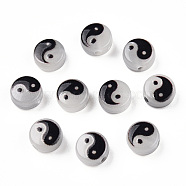 Luminous Transparent Acrylic Beads, Flat Round with Yin Yang Pattern, Black, 7x4mm, Hole: 1.5mm(LACR-T001-01)