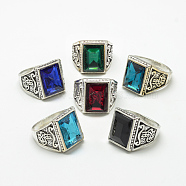 Glass Wide Band Finger Rings, with Alloy Ring Findings, Faceted, Rectangle, Antique Silver, Size 7~11, Mixed Color, 17~21mm(RJEW-T003-15G)