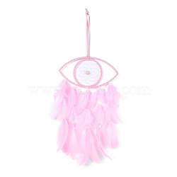 Handmade Eye Woven Net/Web with Feather Wall Hanging Decoration, with Plastic & Wooden Beads, for Home Offices Amulet Ornament, Pearl Pink, 525mm(HJEW-K035-04C)
