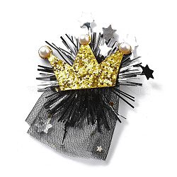 New Year's party Iron Hair Clip, Mesh, PET and Gold Onion Cloth Hair Accessories, Crown, 95x75x14mm(OHAR-R102-01G)