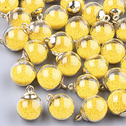 Glass Ball Pendants, with Micro Beads and CCB Plastic Findings, Round, Gold, 21x15.5~16mm, Hole: 2mm(GLAA-T003-03G)