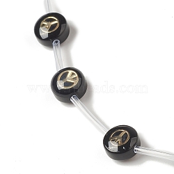 Handmade Lampwork Beads Strands, with Golden Tone Brass Findings & Enamel, Flat Round, Black, Peace Sign, 8x5.5mm, Hole: 1mm, about 20pcs/strand, 14.76 inch(37.5cm)(LAMP-F028-01E)