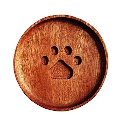 Sandalwood Cup Mats, Round Coaster with Tray & Carved Bear Paw Print, Chocolate, 100x15mm(PW23021048543)