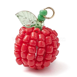 Seed Beads Beaded Pendants, Apple Charms, with Glass Pearl Beads inside, Red, 21.5x15mm, Hole: 2mm(PALLOY-TA00159-02)