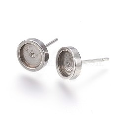 Tarnish Resistant 304 Stainless Steel Stud Earring Settings, Flat Round, Stainless Steel Color, 8x2mm, Tray: 6mm, Pin: 0.7mm(X-STAS-L219-02C)