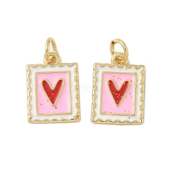 Brass Enamel Charms, Rectangle with Heart Charm, with Jump Ring, Lead Free & Cadmium Free, Long-Lasting Plated, Rack Plating, Real 18K Gold Plated, Pink, 14.5x10.5x1.5mm, Hole: 3.4mm(X-KK-C110-34G)