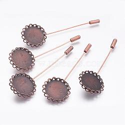 Iron Brooch Findings with Brass Pins, for Vintage Brooch Making, Lead Free, Red Copper, 70x24mm, Flat Round Tray: 20mm(KK-CJSEB43-R-FF)