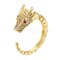Cubic Zirconia Dragon Open Cuff Ring, Real 18K Gold Plated Brass Jewelry for Women, Nickel Free, Cerise, US Size 5 1/4(15.9mm)(RJEW-N037-040)