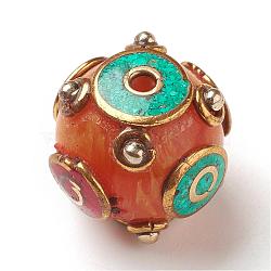 Tibetan Style Beads, with Synthetic Turquoise, Synthetic Coral, Imitation Beeswax and Brass Findings, Round, Dark Orange, 16x17x17mm, Hole: 2mm(TIBEB-P001-01H)
