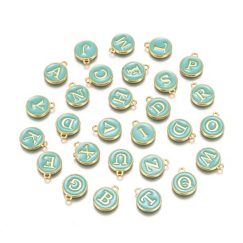 Initial Letter A~Z Alphabet Enamel Charms, Flat Round Disc Double Sided Charms, Golden Plated Enamelled Sequins Alloy Charms, Turquoise, 14x12x2mm, Hole: 1.5mm, 26pcs/set