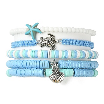 5Pcs 5 Style Polymer Clay Heishi Surfer Stretch Bracelets Set, Synthetic Turquoise Starfish & Alloy Tortoise & Shell Stackable Bracelets, Light Sky Blue, Inner Diameter: 2-1/8~3-3/4 inch(5.3~9.4cm), 1Pc/style
