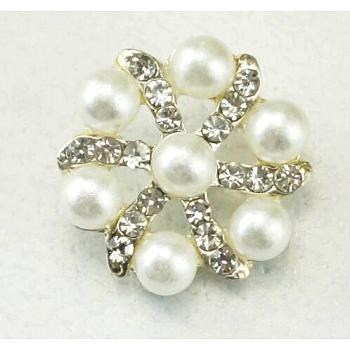 Acrylic Pearl & Rhinestone Shank Buttons, with Silver Plated Alloy Findings, 1-Hole, Flower, White, 20x9.5mm, Hole: 2mm