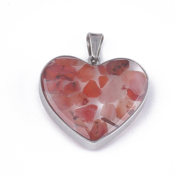 Natural Carnelian Pendants, with Glass and 304 Stainless Steel Findings, Heart, Stainless Steel Color, 19x21x6mm, Hole: 3x5.5mm