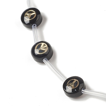 Handmade Lampwork Beads Strands, with Golden Tone Brass Findings & Enamel, Flat Round, Black, Peace Sign, 8x5.5mm, Hole: 1mm, about 20pcs/strand, 14.76 inch(37.5cm)