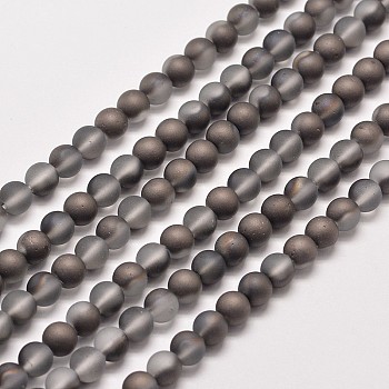 Frosted Electroplate Synthetic Quartz Bead Strands, Frosted, Round, Half Plated, Black, 8mm, Hole: 1mm, about 50pcs/strand, 15.7 inch