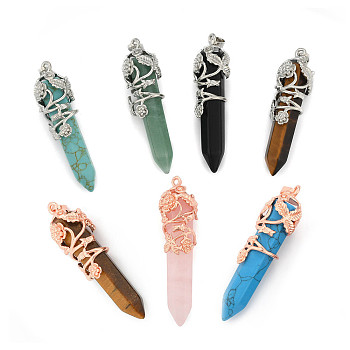 Natural & Synthetic Mixed Stone Pointed Pendants, with Brass Findings, Bullet, Mixed Metal Color, 57~60x16mm, Hole: 8x5mm