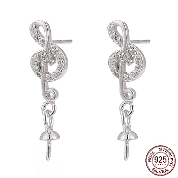 Rhodium Plated 925 Sterling Silver Micro Pave Cubic Zirconia Ear Stud Findings, Musical Note, Platinum, 19x5mm, Pin: 0.8mm