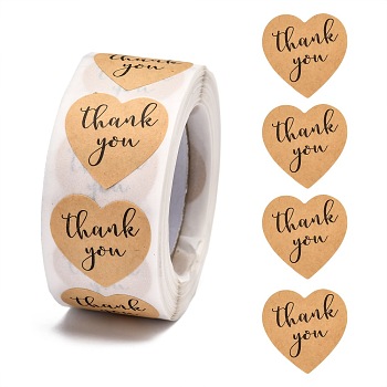1 Inch Thank You Stickers, Self-Adhesive Kraft Paper Gift Tag Stickers, Adhesive Labels, Heart Shape, Tan, Heart: 25x25mm, 500pcs/roll