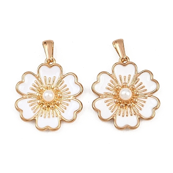 304 Stainless Steel Enamel Pendants, with ABS Plastic Imitation Pearl Beads, Flower, Golden, White, 27x24x6.5mm, Hole: 6.5x2.5mm