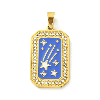 Ion Plating(IP) 304 Stainless Steel Pendants, with Enamel and Rhinestone, Rectangle with Tarot Charm, Real 18K Gold Plated, Rosy Brown, 32x19.5x2mm, Hole: 6.5x4mm
