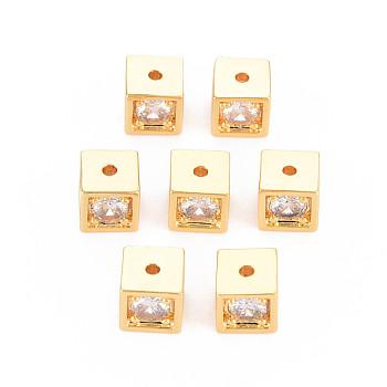 Rack Plating Brass Micro Pave Clear Cubic Zirconia Beads, Nickel Free, Cube, Real 18K Gold Plated, 6.5x6.5x6.5mm, Hole: 1.5mm