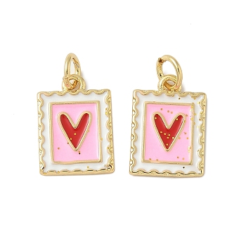 Brass Enamel Charms, Rectangle with Heart Charm, with Jump Ring, Lead Free & Cadmium Free, Long-Lasting Plated, Rack Plating, Real 18K Gold Plated, Pink, 14.5x10.5x1.5mm, Hole: 3.4mm