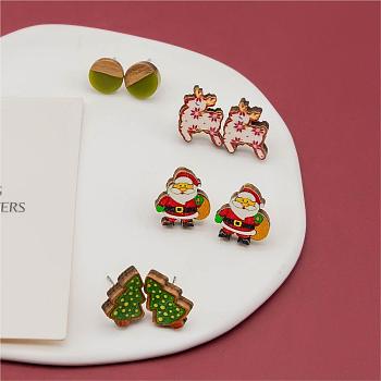 4 Pairs Santa Claus & Deer & Christmas Tree Printed Wood Stud Earrings, Flat Round Wood & Resin Earring, Mixed Color, 16~17x10~17mm
