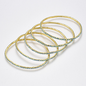 Brass Claw Chain Stretch Bracelets, with Rhinestone, AB Color Plated, Golden, Aqua Bohemica AB, 2 inch(5cm), 2mm