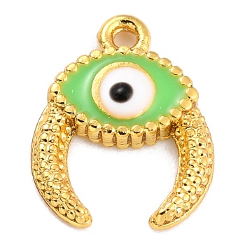 Golden Brass Enamel Pendants, Long-Lasting Plated, Evil Eye with Ox Horn, Green, 11.5x9x2mm, Hole: 1mm
