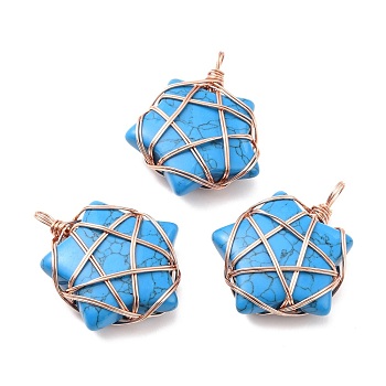 Synthetic Turquoise Pendants, with Rose Gold Tone Copper Wire Wrapped, Cadmium Free & Lead Free, Dyed, Star, 37~41x29~31x9~11mm, Hole: 4.5~6mm