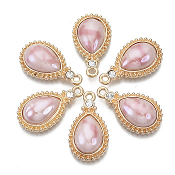 Porcelain Pendants, with Light Gold Plated Brass Findings and Crystal Rhinestone, Teardrop, Salmon, 24x14x5mm, Hole: 1.8mm