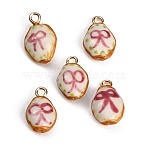 Handmade Porcelain with Brass Pendants, Oval with Bowknot Charms, Hand Painted, Famille Rose Porcelain, Golden, Camellia, 20.5x13~13.5x7~7.5mm, Hole: 3mm(PR-CBAB520-05B)