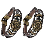 Leather Wide Cord Multi-Strand Bracelets, Alloy Rose Flower Bracelets, Cuff Wristband Arm Guard for Men Women, Coconut Brown, 7-1/2x7/8x1/4 inch(19x2.2x0.78cm)(BJEW-WH20009-04)