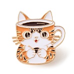 Cat Shape Coffee Mug Enamel Pins, Alloy Lapel Pin Backs for Backpack Clothes, Golden, Sandy Brown, 30.5x28.5mm(AL-CBAC438-01B)