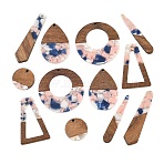 Walnut Wood & Transparent Resin Pendants, Mixed Shapes Charm, Pink, 18.5~49x12~38x2.5~3.5mm, Hole: 1.4~2mm, about 12pcs/set(WD-CBA583A-13)