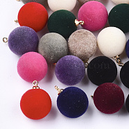 Flocky Acrylic Pendants, with Brass Findings, Round, Golden, Mixed Color, 18x14mm, Hole: 1.6mm(FIND-T046-33D)