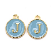 Golden Plated Alloy Enamel Charms, Cadmium Free & Lead Free, Enamelled Sequins, Flat Round, Sky Blue, Letter.J, 14x12x2mm, Hole: 1.5mm(ENAM-S118-04J)