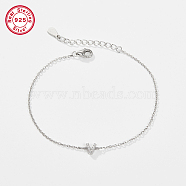 Rhodium Plated 925 Sterling Silver Letter Cubic Zirconia Link Bracelets, Cable Chains Bracelets for Women, Letter V, 6-1/4 inch(16cm)(GI2156-22)