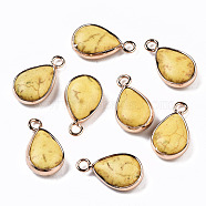 Synthetic Turquoise Pendants, with Light Gold Plated Brass Edge, Teardrop, Dyed, Yellow, 18~19x10.5x5mm, Hole: 2mm(G-S359-279G)