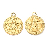 304 Stainless Steel Pendants, Flat Round with Star Charm, Real 18K Gold Plated, 20x17x2mm, Hole: 3mm(STAS-Z041-19G)