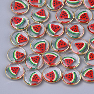 Epoxy Resin Cabochons, with Polymer Clay Inside and Brass Findings, Flat Round with Watermelon Pattern, Light Gold, Red, 18x5mm(X-RESI-S360-07B)