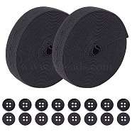 20Pcs Dyed Resin Flat Round Buttons, with 2 Rolls Flat Elastic Rubber Band, for Webbing Garment Sewing Accessories, Black, Button: 13x2mm, Hole: 1mm, 20pcs(DIY-GF0006-55A)