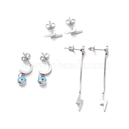 3 Pair 3 Style Enamel Evil Eye Dangle Stud Earrings, 304 Stainless Steel Lightning Bolt Tassel Earrings for Women, Stainless Steel Color, 12~46mm, Pin: 1mm, 1 Pair/style(EJEW-B020-16P)