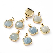 Natural Aquamarine Charms, with Golden Plated Brass Findings, Faceted Square, 13~13.5x11x5.5~6.5mm, Hole: 3x4.5mm(G-L553-58B-G)