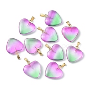Two Tone Transparent Glass Pendants, with Golden Plated Iron Findings, Heart Charms, Medium Sea Green, 22x20.5x7mm, Hole: 6x2mm(GLAA-YW0003-02A)